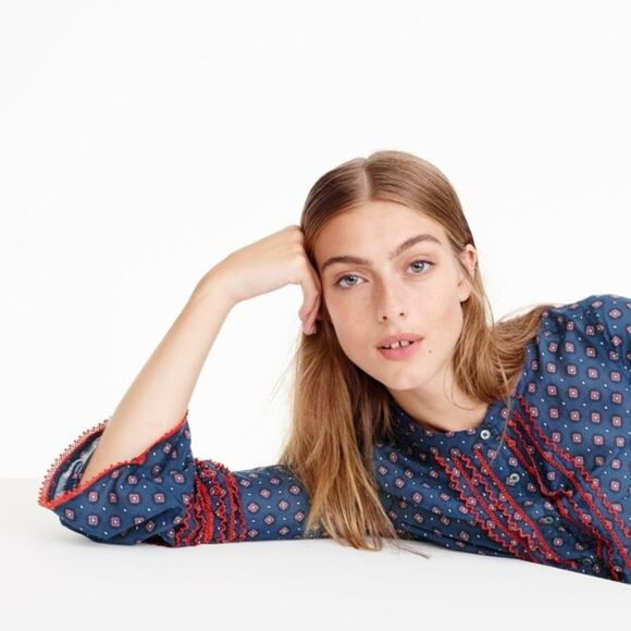 J. Crew 0 Embroidered Bell-Sleeve Top in Foulard - Picture 2 of 6